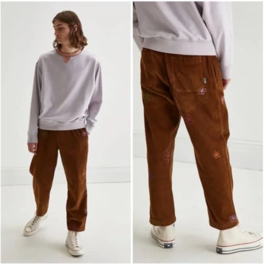 Urban Outfitters Brown Corduroy Beach Pant Floral Embroidered Ankle Crop Small